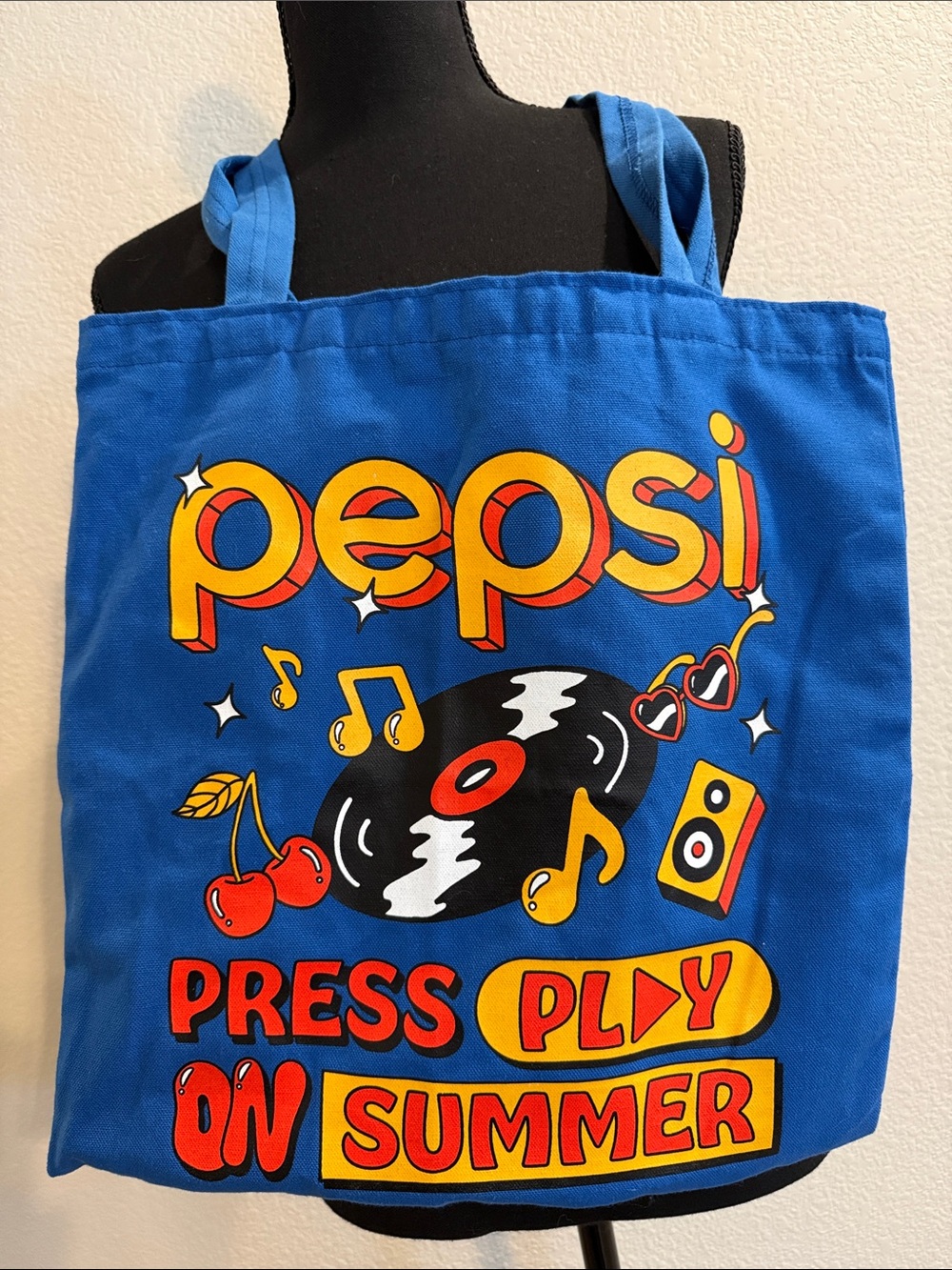 Pepsi Blue records summer Tote Bag Retro Yellow & Red Graphic 80’s vibe purse - Picture 2 of 6
